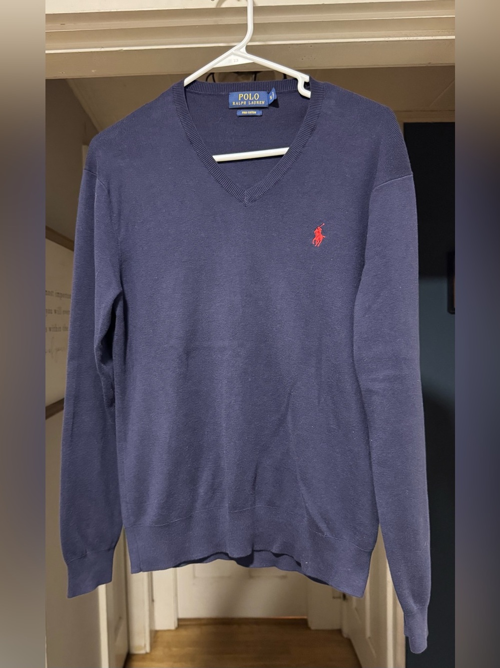 Polo by Ralph Lauren Men’s Navy V-Neck Sweater with Red Pony